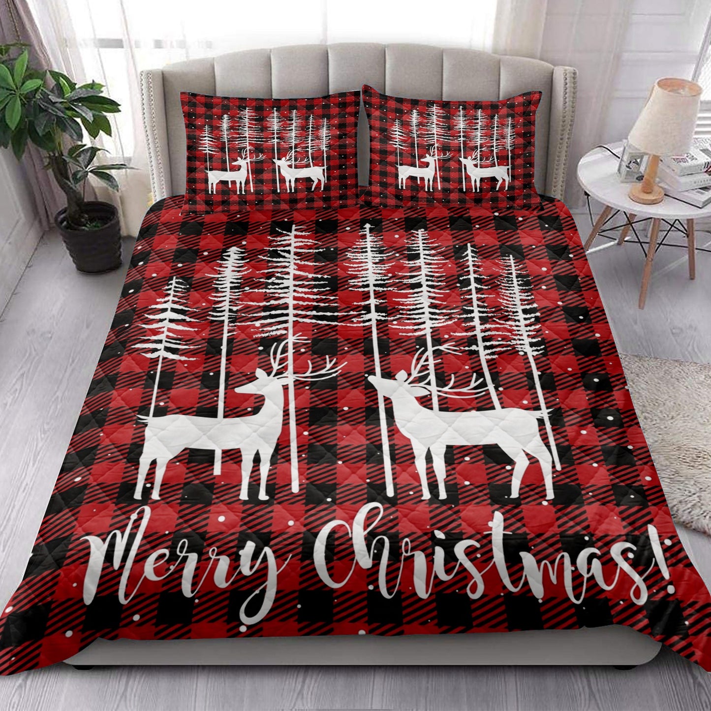 Deer Quilt Set, Merrymas New Yearmas Tree With Deer Red Buffalo Plaid Quilt Blanket With Pillowcases, Quilt Bedding Set, Christmas Gift