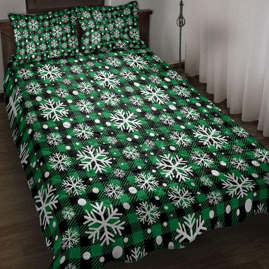 Christmas Quilt Set, Christmas Snowflake Green Grid White Buffalo Plaids Quilt Blanket With Pillowcases, Quilt Bedding Set, Christmas Gift