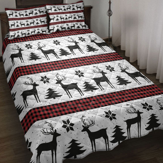 Deer Quilt Set, Deer Andmas Treemas New Year Red Buffalo Plaid Quilt Blanket With Pillowcases, Quilt Bedding Set, Christmas Gift