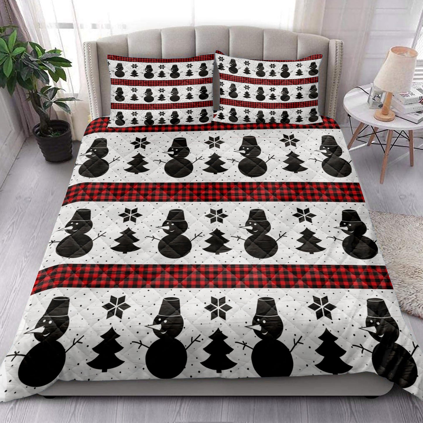 Christmas Quilt Set, Snowman Andmas Treemas New Year Buffalo Plaid Quilt Blanket With Pillowcases, Quilt Bedding Set, Christmas Gift