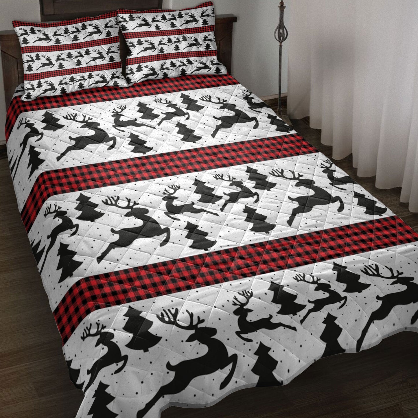 Deer Quilt Set, Deermas Treemas New Year Red Buffalo Plaid Quilt Blanket With Pillowcases, Quilt Bedding Set, Christmas Gift