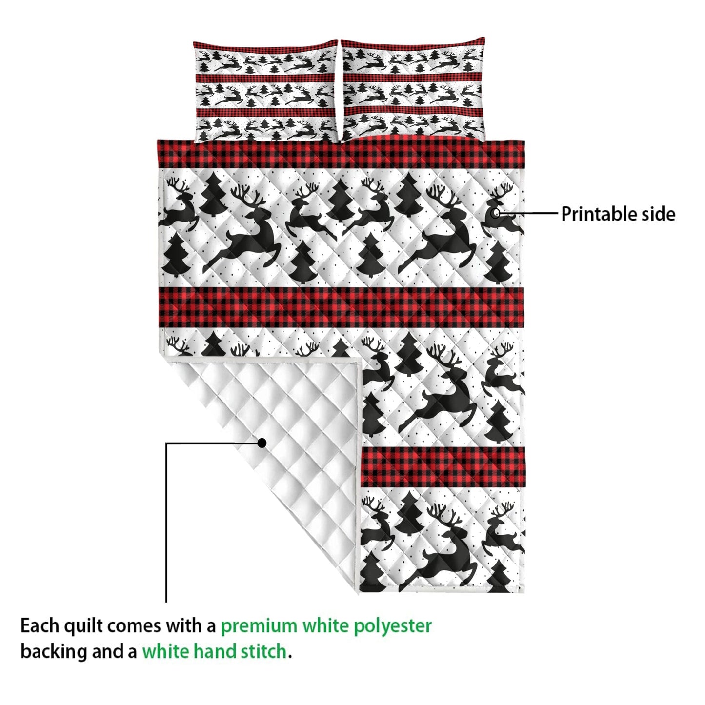 Deer Quilt Set, Deermas Treemas New Year Red Buffalo Plaid Quilt Blanket With Pillowcases, Quilt Bedding Set, Christmas Gift