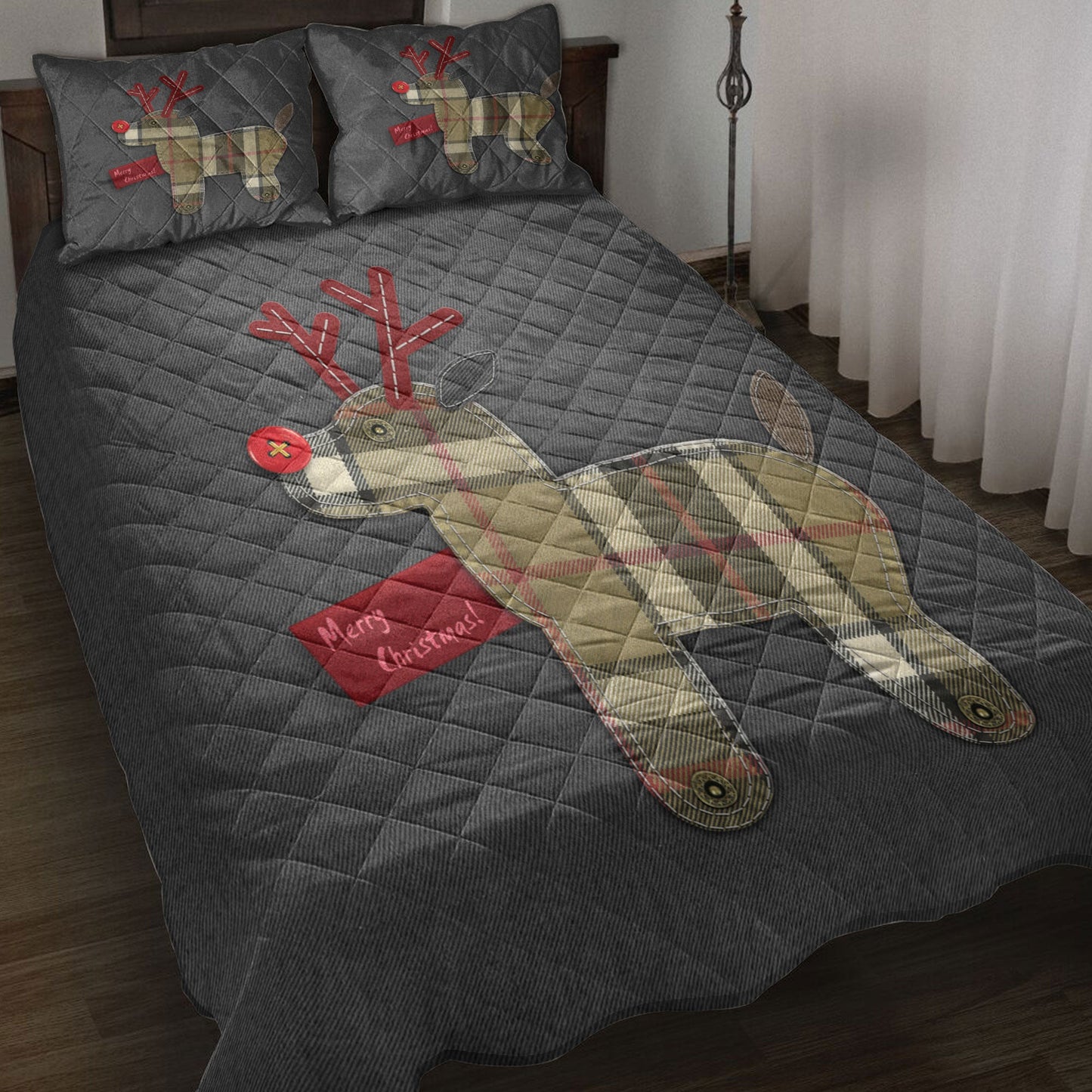 Christmas Quilt Set, Merrymas Reindeer Winter Holiday Buffalo Plaidmas Quilt Blanket With Pillowcases, Quilt Bedding Set, Christmas Gift
