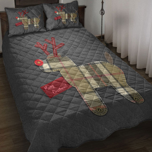 Christmas Quilt Set, Merrymas Reindeer Winter Holiday Buffalo Plaidmas Quilt Blanket With Pillowcases, Quilt Bedding Set, Christmas Gift