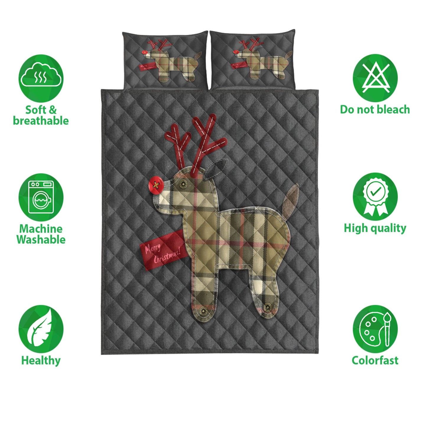 Christmas Quilt Set, Merrymas Reindeer Winter Holiday Buffalo Plaidmas Quilt Blanket With Pillowcases, Quilt Bedding Set, Christmas Gift