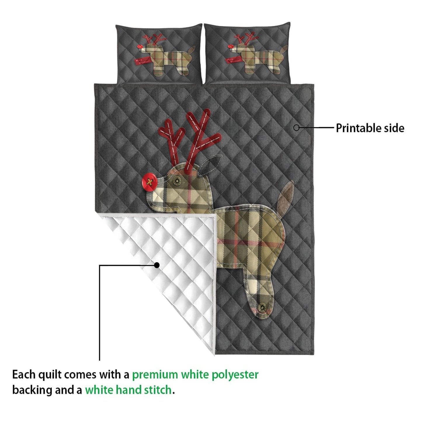Christmas Quilt Set, Merrymas Reindeer Winter Holiday Buffalo Plaidmas Quilt Blanket With Pillowcases, Quilt Bedding Set, Christmas Gift
