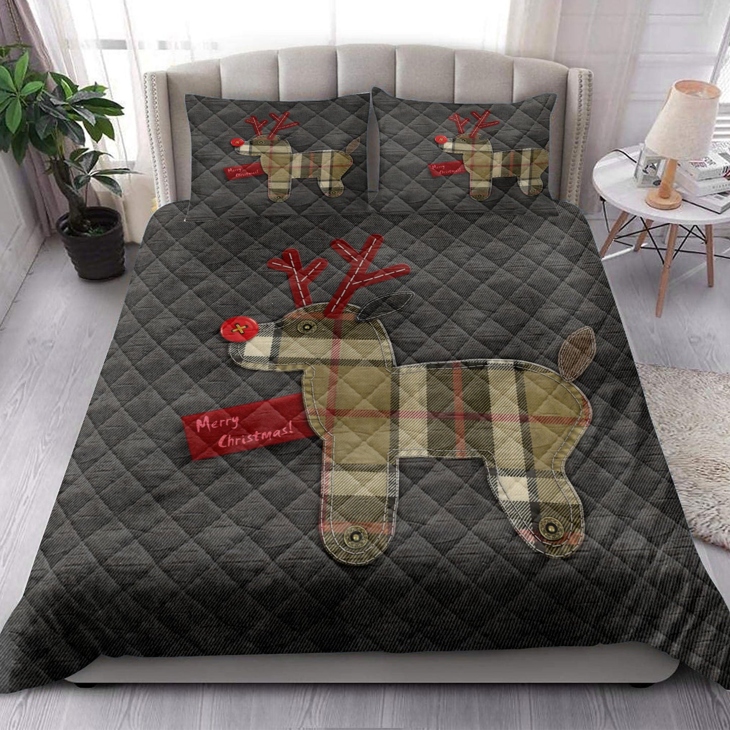Christmas Quilt Set, Merrymas Reindeer Winter Holiday Buffalo Plaidmas Quilt Blanket With Pillowcases, Quilt Bedding Set, Christmas Gift