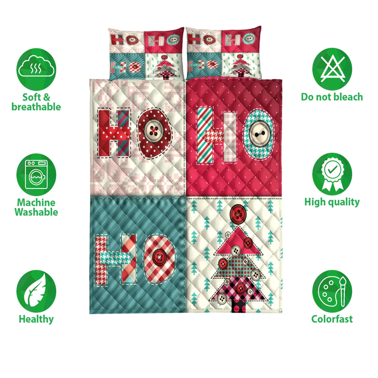 Christmas Quilt Set, Christmas Patchwork Ho-Ho-Ho Winter Holidaymass Quilt Blanket With Pillowcases, Quilt Bedding Set, Christmas Gift
