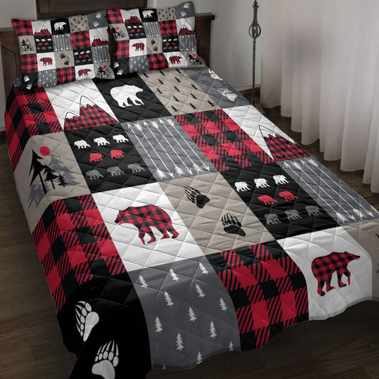 Christmas Quilt Set, Cabin Bear Country Patchwork Bears Mountains Bear Tracks Arrows Tree Quilt Blanket With Pillowcases, Quilt Bedding Set
