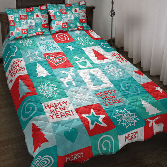 Christmas Quilt Set, Christmas Patchwork Holiday Happy New Yearmass Quilt Blanket With Pillowcases, Quilt Bedding Set, Christmas Gift