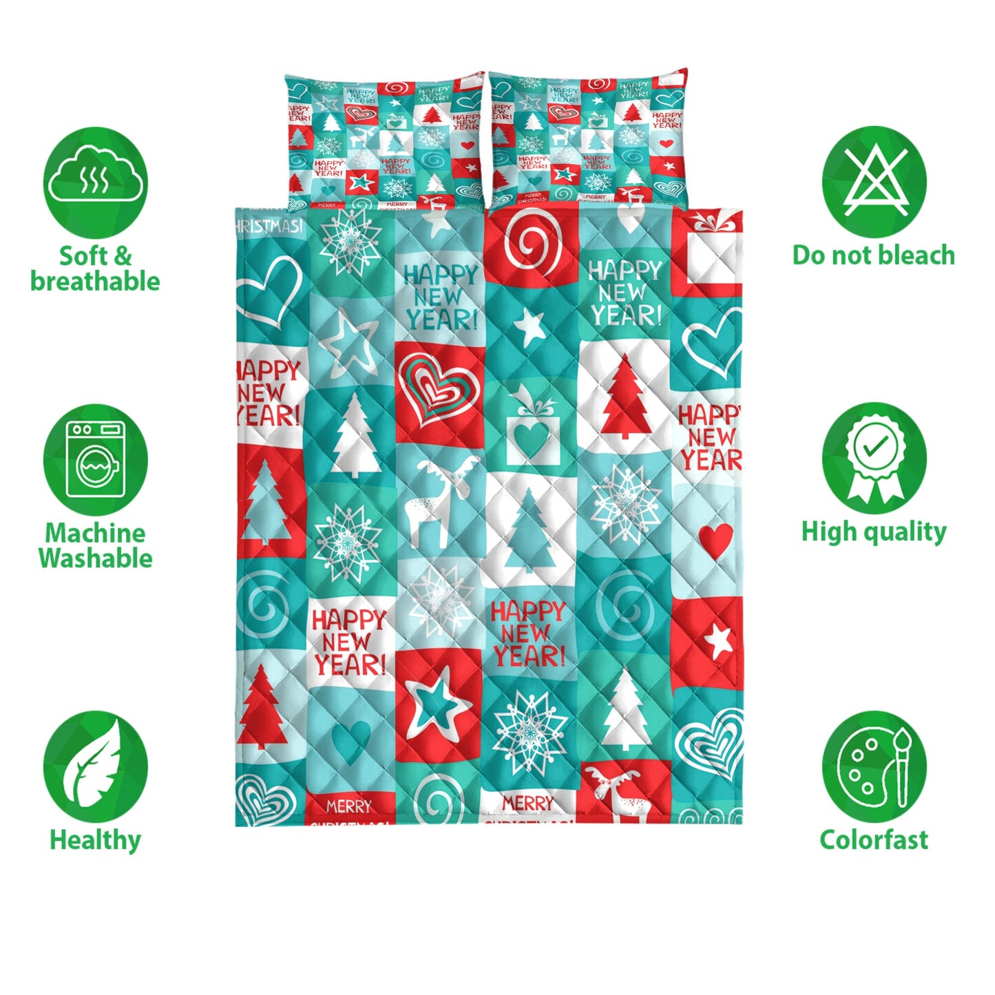 Christmas Quilt Set, Christmas Patchwork Holiday Happy New Yearmass Quilt Blanket With Pillowcases, Quilt Bedding Set, Christmas Gift