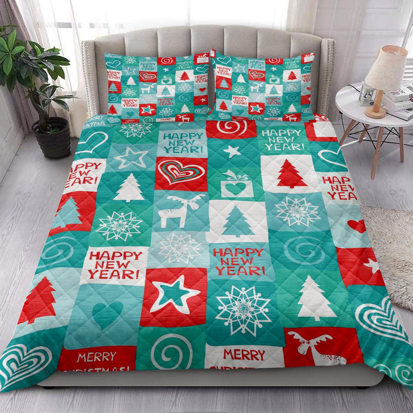 Christmas Quilt Set, Christmas Patchwork Holiday Happy New Yearmass Quilt Blanket With Pillowcases, Quilt Bedding Set, Christmas Gift
