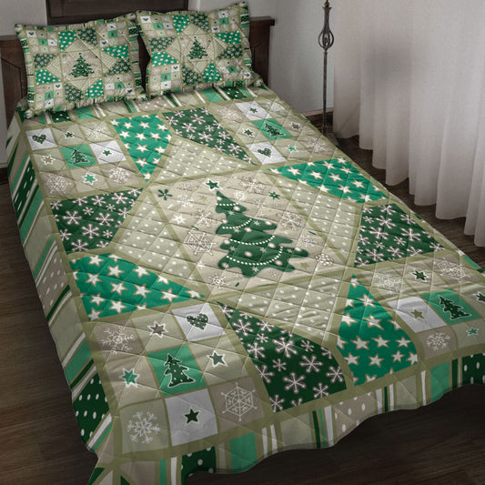 Christmas Quilt Set, Christmas Holiday Patchworkmas Tree Stars Snowflakes Heart Quilt Blanket With Pillowcases, Quilt Bedding Set, Christmas Gift