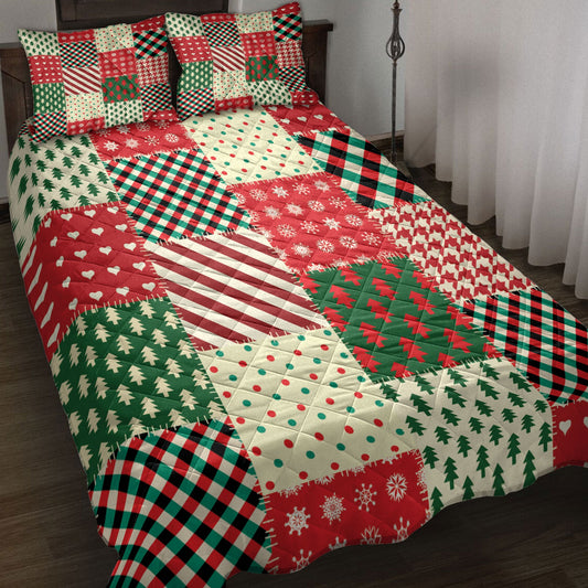 Christmas Quilt Set, Christmas Patchwork Snowflakemas Tree Buffalo Plaid Quilt Blanket With Pillowcases, Quilt Bedding Set, Christmas Gift