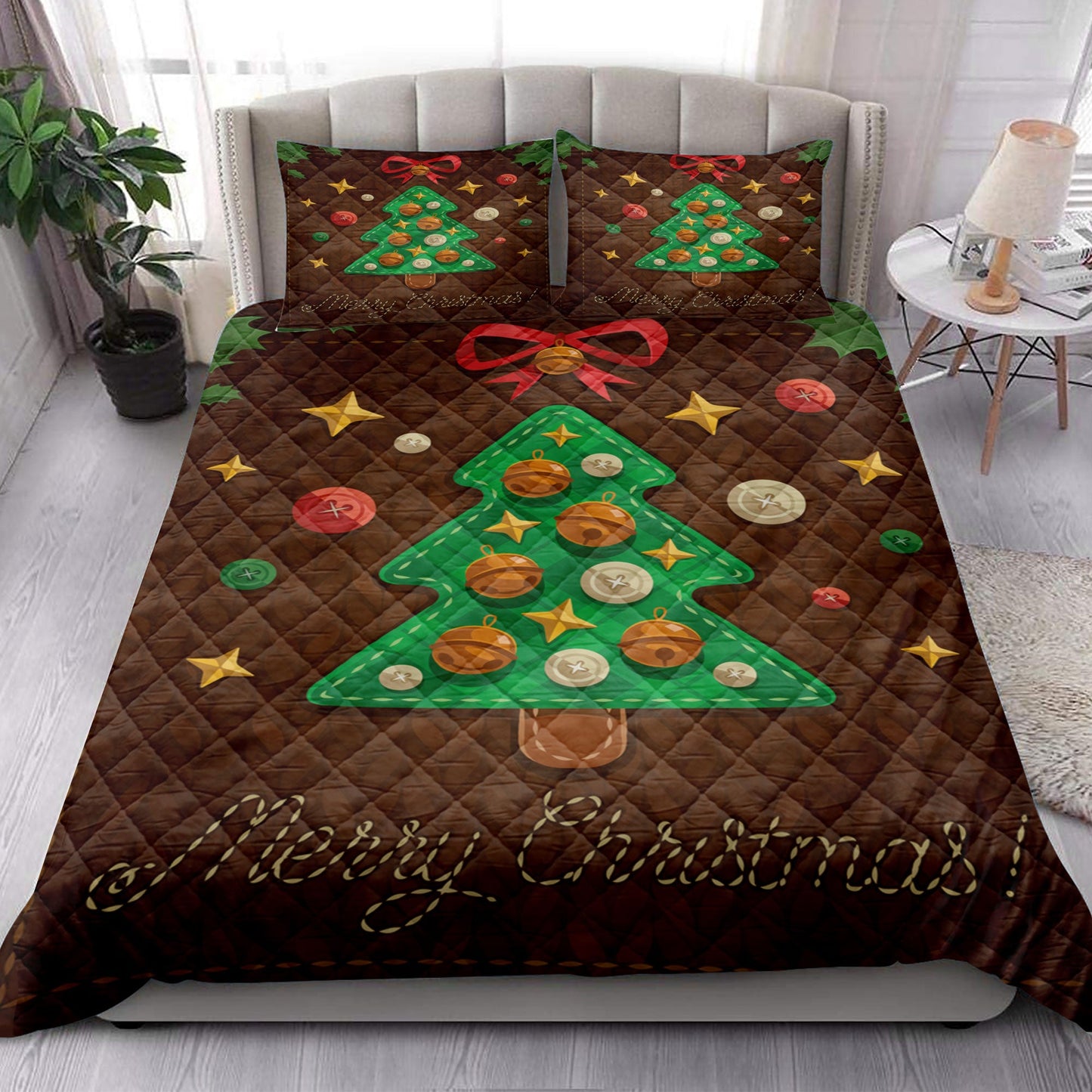 Christmas Quilt Set, Merrymas Greeting Patchworkmas Tree Knitting Quilt Blanket With Pillowcases, Quilt Bedding Set, Christmas Gift