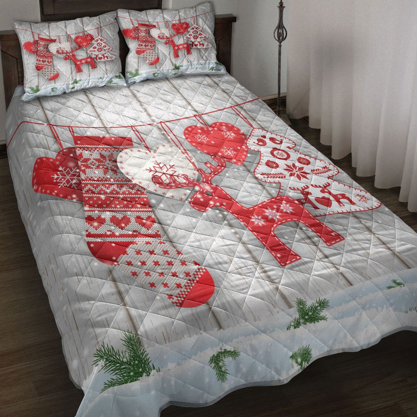 Deer Quilt Set, Christmas Scandinavian Hearts Deer Treesanta Stockingmas Quilt Blanket With Pillowcases, Quilt Bedding Set, Christmas Gift