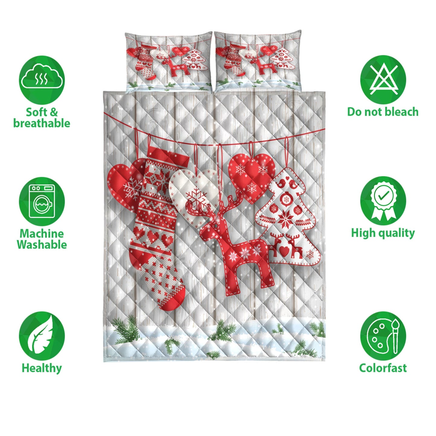 Deer Quilt Set, Christmas Scandinavian Hearts Deer Treesanta Stockingmas Quilt Blanket With Pillowcases, Quilt Bedding Set, Christmas Gift