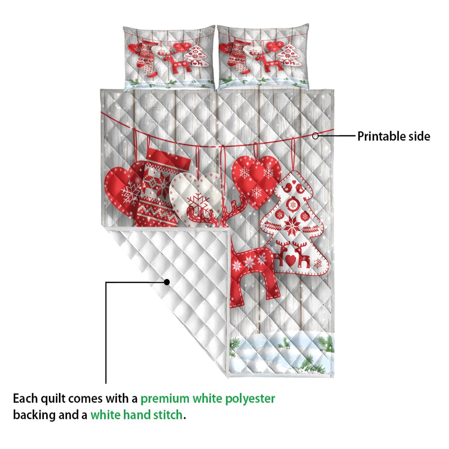 Deer Quilt Set, Christmas Scandinavian Hearts Deer Treesanta Stockingmas Quilt Blanket With Pillowcases, Quilt Bedding Set, Christmas Gift