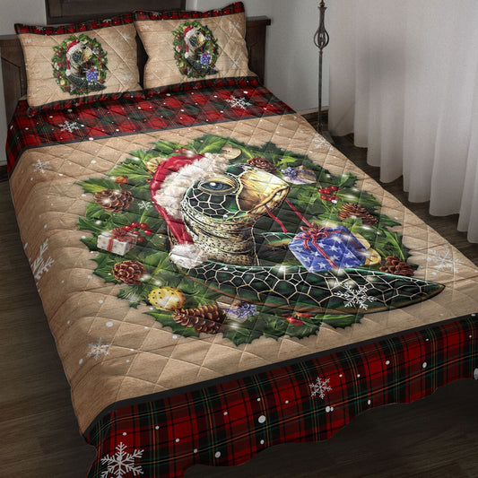 Turtle Quilt Set, Turtle Wearing Wreath Amas Hat Boxes Red Buffalo Plaid Quilt Blanket With Pillowcases, Quilt Bedding Set, Christmas Gift