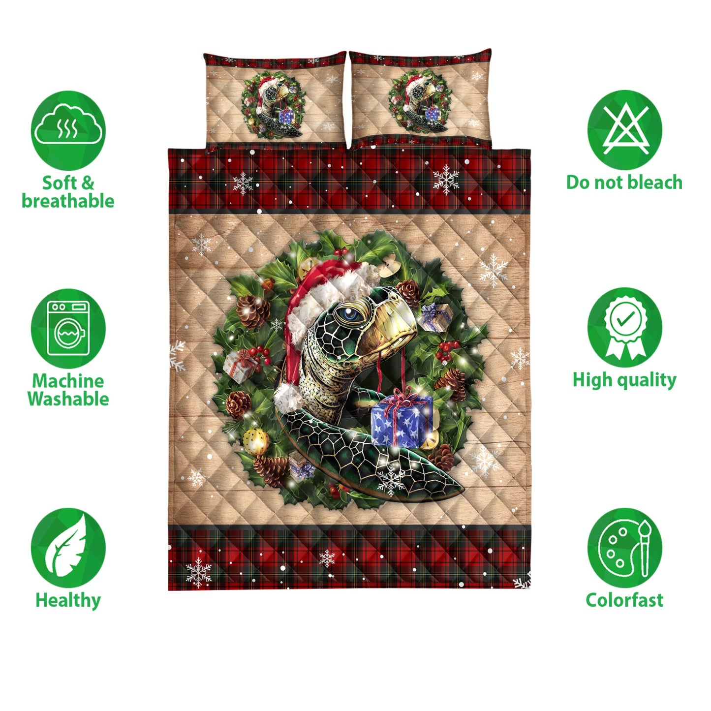 Turtle Quilt Set, Turtle Wearing Wreath Amas Hat Boxes Red Buffalo Plaid Quilt Blanket With Pillowcases, Quilt Bedding Set, Christmas Gift