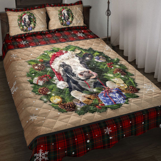 Cow Quilt Set, Cow Wearing Wreath Amas Hat Red Buffalo Plaid Winter Quilt Blanket With Pillowcases, Quilt Bedding Set, Christmas Gift