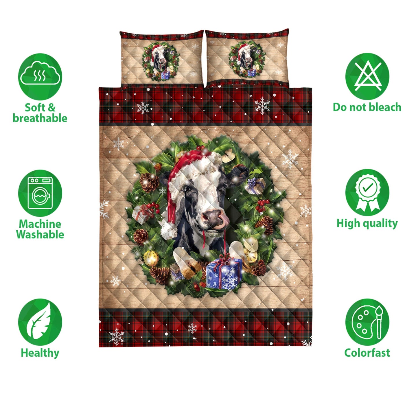 Cow Quilt Set, Cow Wearing Wreath Amas Hat Red Buffalo Plaid Winter Quilt Blanket With Pillowcases, Quilt Bedding Set, Christmas Gift