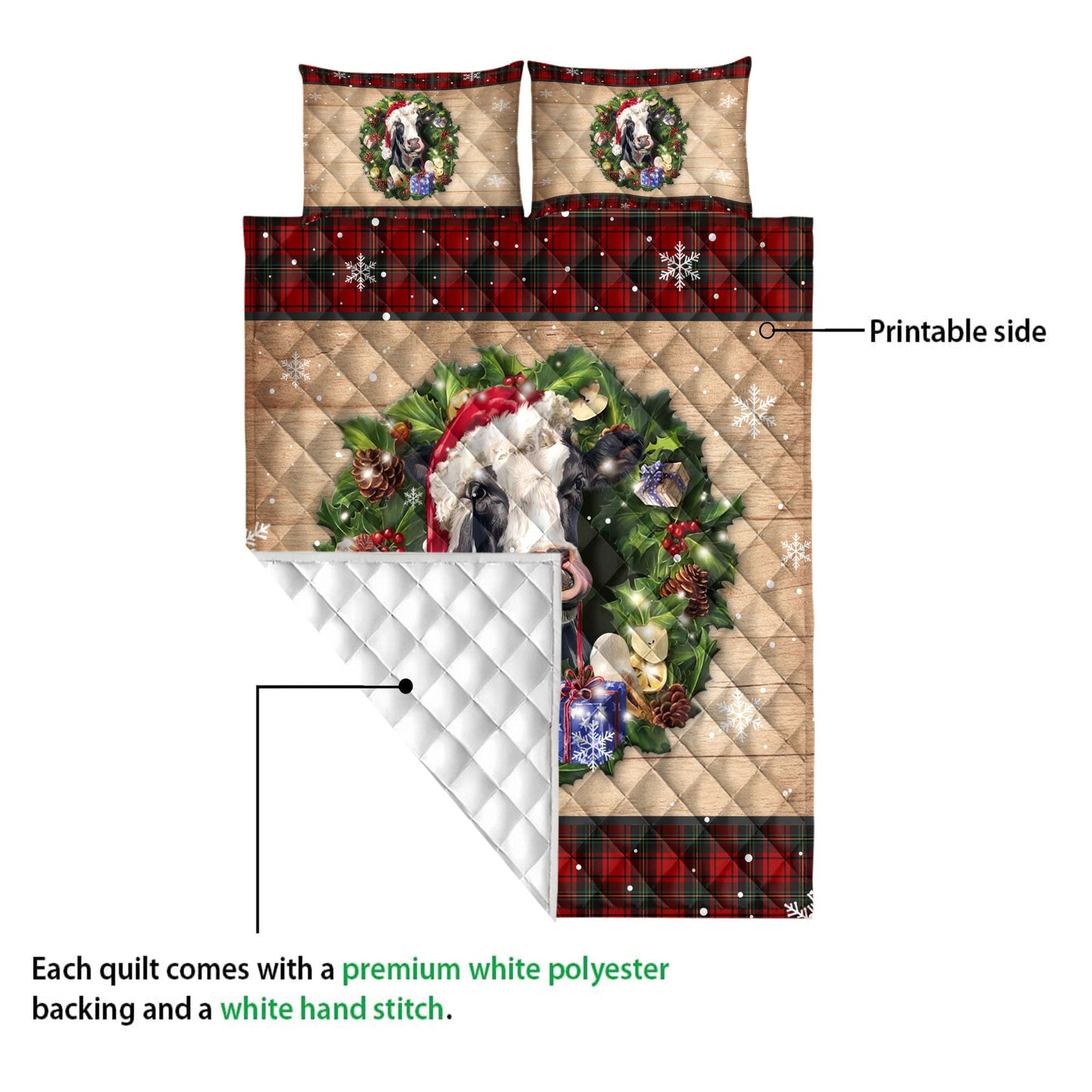 Cow Quilt Set, Cow Wearing Wreath Amas Hat Red Buffalo Plaid Winter Quilt Blanket With Pillowcases, Quilt Bedding Set, Christmas Gift