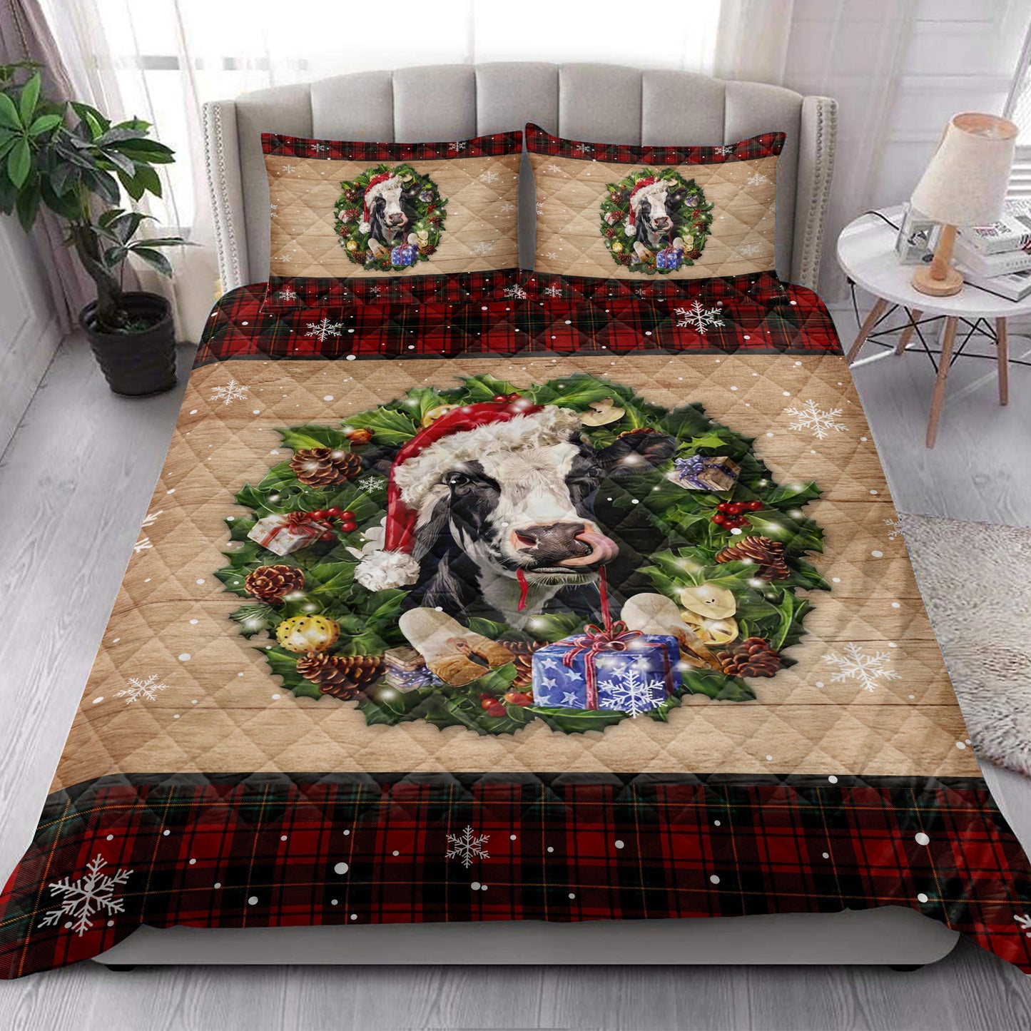 Cow Quilt Set, Cow Wearing Wreath Amas Hat Red Buffalo Plaid Winter Quilt Blanket With Pillowcases, Quilt Bedding Set, Christmas Gift