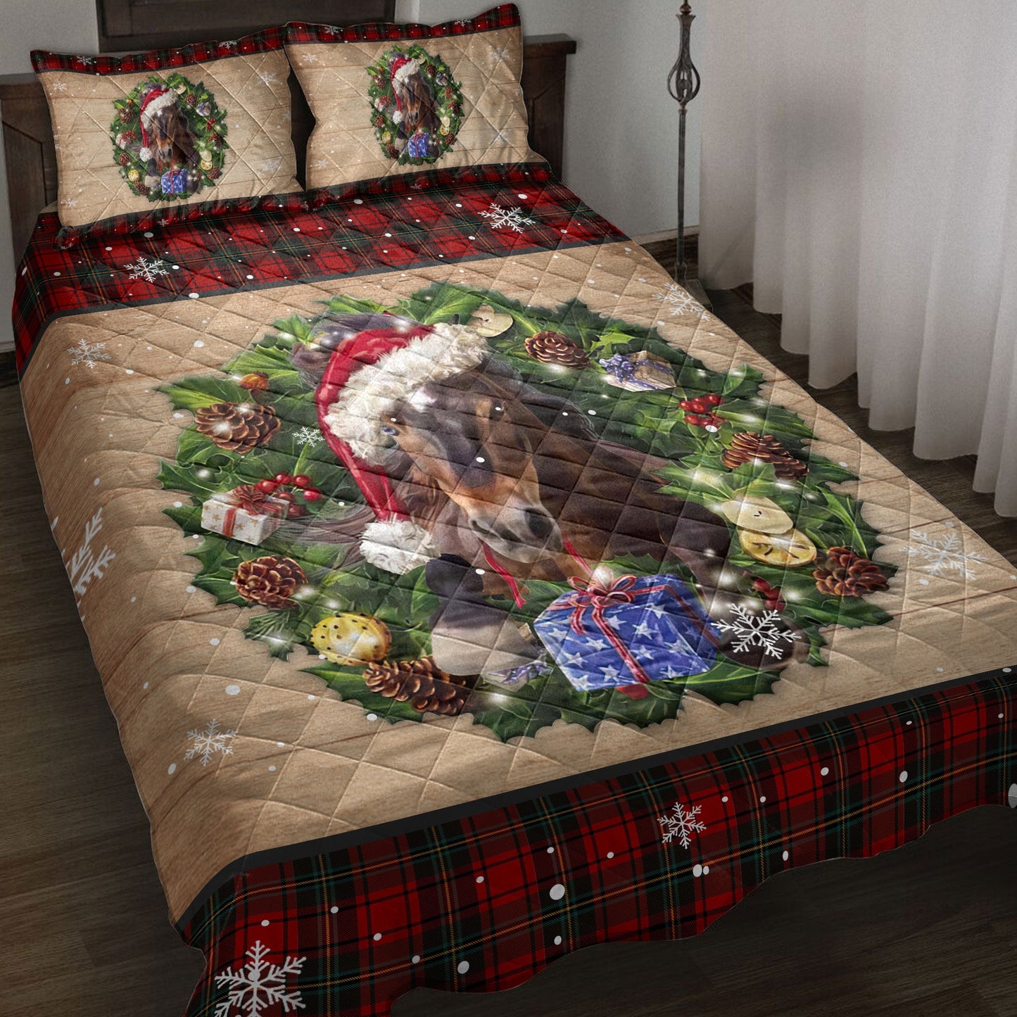 Horse Quilt Set, Horse Wearing Wreath Amas Hat Boxes Red Buffalo Plaid Quilt Blanket With Pillowcases, Quilt Bedding Set, Christmas Gift