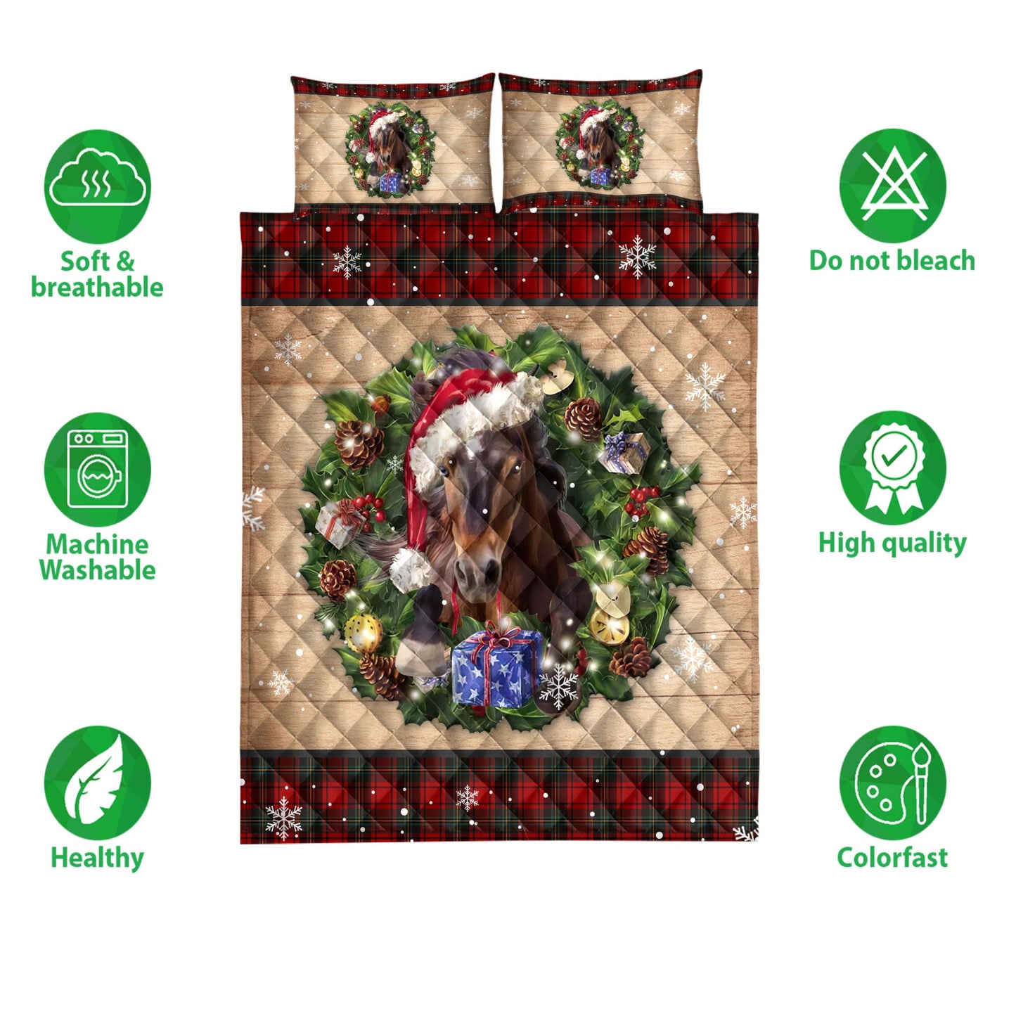 Horse Quilt Set, Horse Wearing Wreath Amas Hat Boxes Red Buffalo Plaid Quilt Blanket With Pillowcases, Quilt Bedding Set, Christmas Gift
