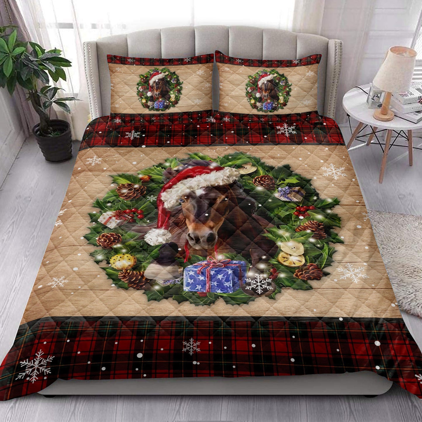 Horse Quilt Set, Horse Wearing Wreath Amas Hat Boxes Red Buffalo Plaid Quilt Blanket With Pillowcases, Quilt Bedding Set, Christmas Gift