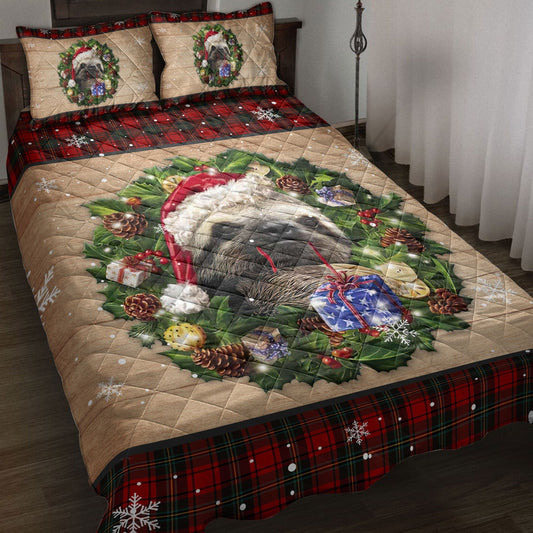 Sloth Quilt Set, Sloth Wearing Wreath Amas Hat Boxes Red Buffalo Plaid Quilt Blanket With Pillowcases, Quilt Bedding Set, Christmas Gift