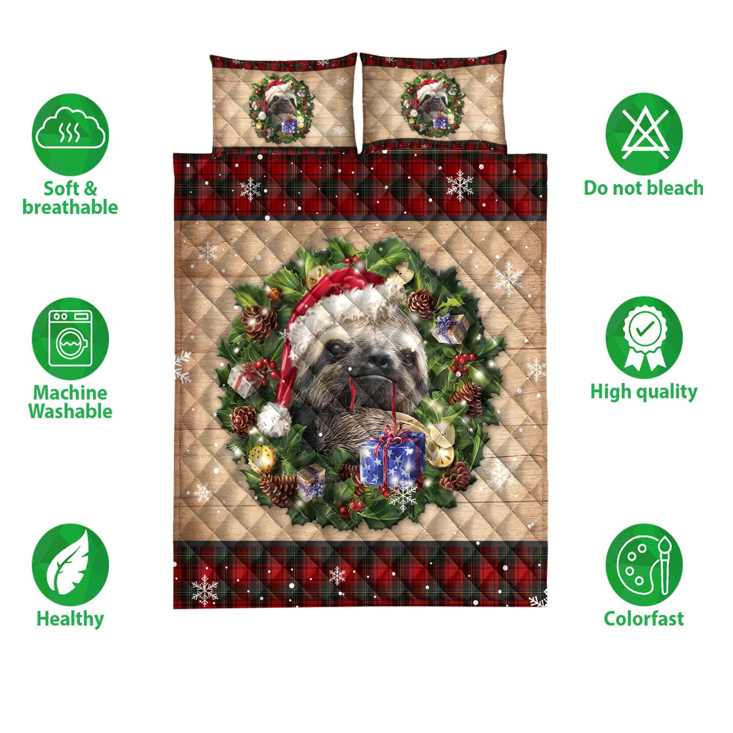 Sloth Quilt Set, Sloth Wearing Wreath Amas Hat Boxes Red Buffalo Plaid Quilt Blanket With Pillowcases, Quilt Bedding Set, Christmas Gift