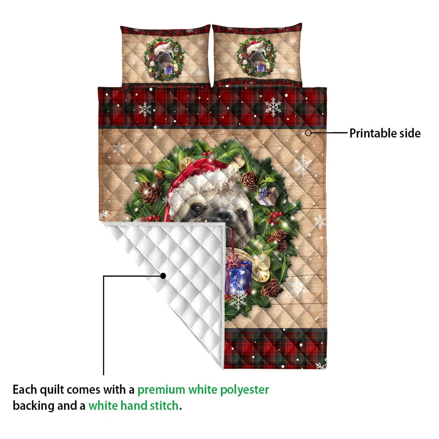 Sloth Quilt Set, Sloth Wearing Wreath Amas Hat Boxes Red Buffalo Plaid Quilt Blanket With Pillowcases, Quilt Bedding Set, Christmas Gift