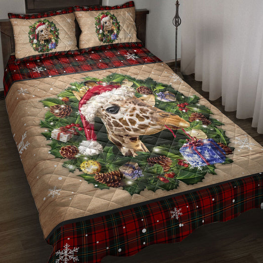 Giraffe Quilt Set, Giraffe Wearing Wreath Amas Hat Boxes Red Buffalo Plaid Quilt Blanket With Pillowcases, Quilt Bedding Set, Christmas Gift