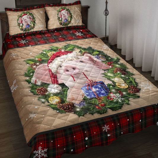 Pig Quilt Set, Pig Wearing Wreath Amas Hat Red Buffalo Plaid Winter Quilt Blanket With Pillowcases, Quilt Bedding Set, Christmas Gift