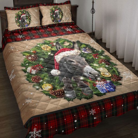 Donkey Quilt Set, Donkey Wearing Wreath Amas Hat Boxes Red Buffalo Plaid Quilt Blanket With Pillowcases, Quilt Bedding Set, Christmas Gift