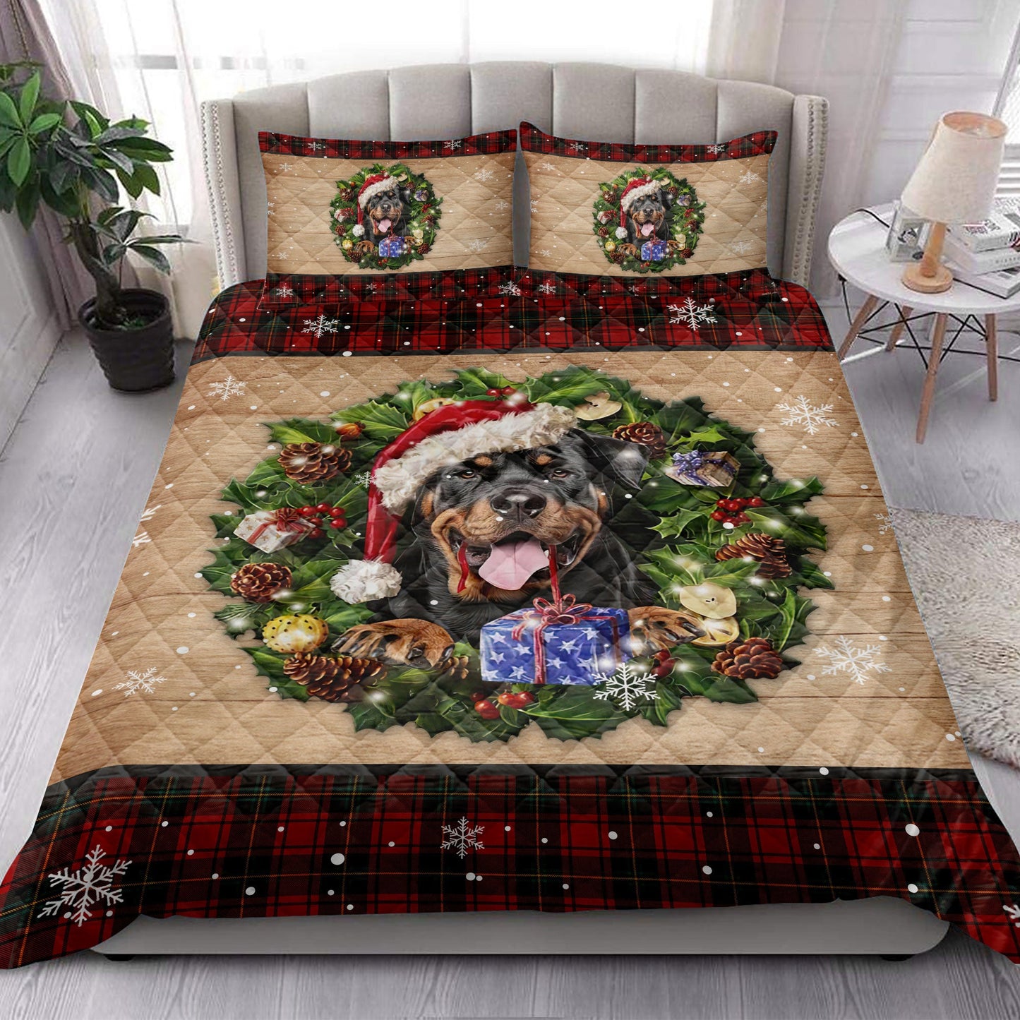 Rottweiler Quilt Set, Rottweiler Dog Wearing Wreath Amas Hat Red Buffalo Plaid Quilt Blanket With Pillowcases, Quilt Bedding Set, Christmas Gift
