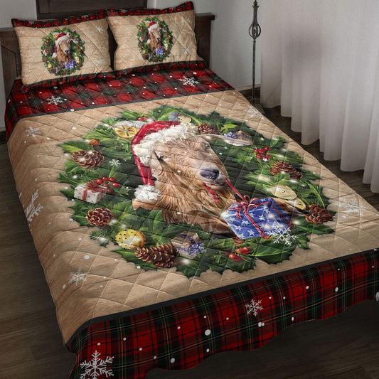 Goat Quilt Set, Goat Wearing Wreath Amas Hat Red Buffalo Plaid Holiday Quilt Blanket With Pillowcases, Quilt Bedding Set, Christmas Gift