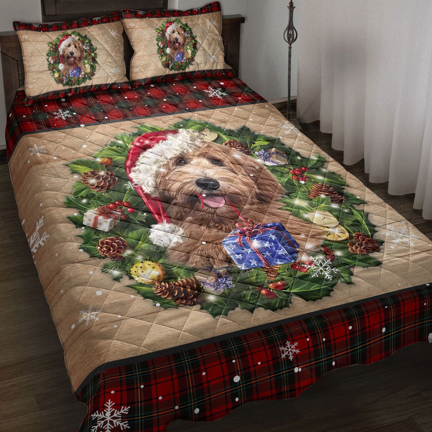 Labradoodle Quilt Set, Labradoodle Dog Wearing Wreath Amas Hat Red Buffalo Plaid Quilt Blanket With Pillowcases, Quilt Bedding Set, Christmas Gift