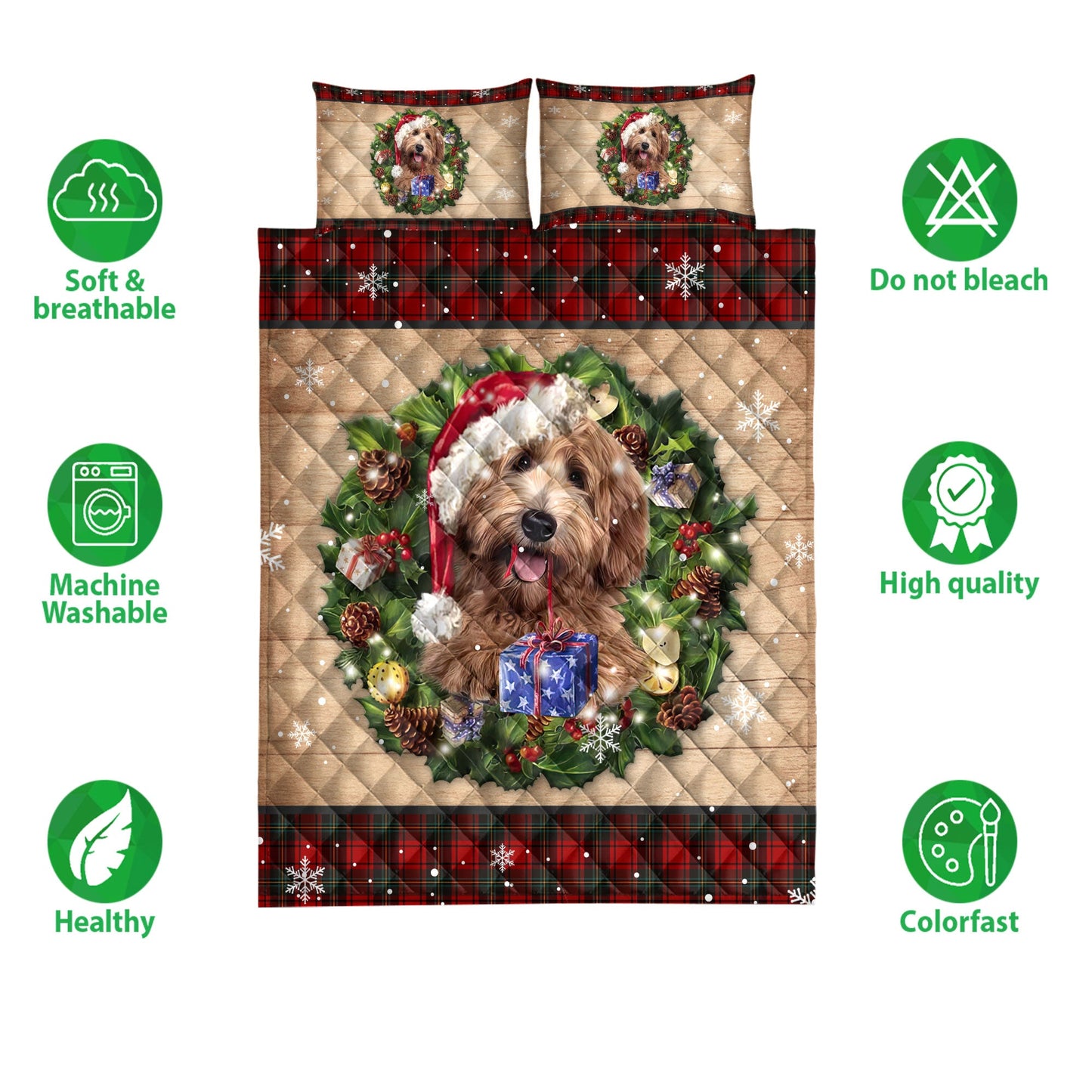 Labradoodle Quilt Set, Labradoodle Dog Wearing Wreath Amas Hat Red Buffalo Plaid Quilt Blanket With Pillowcases, Quilt Bedding Set, Christmas Gift