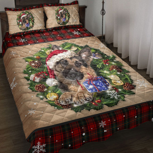German Shepherd Quilt Set, German Shepherd Wearing Wreath Amas Hat Buffalo Plaid Quilt Blanket With Pillowcases, Quilt Bedding Set, Christmas Gift