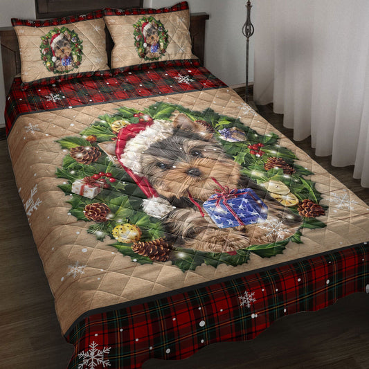 Yorkshire Quilt Set, Yorkshire Terrier Wearing Wreath Amas Hat Buffalo Plaid Quilt Blanket With Pillowcases, Quilt Bedding Set, Christmas Gift
