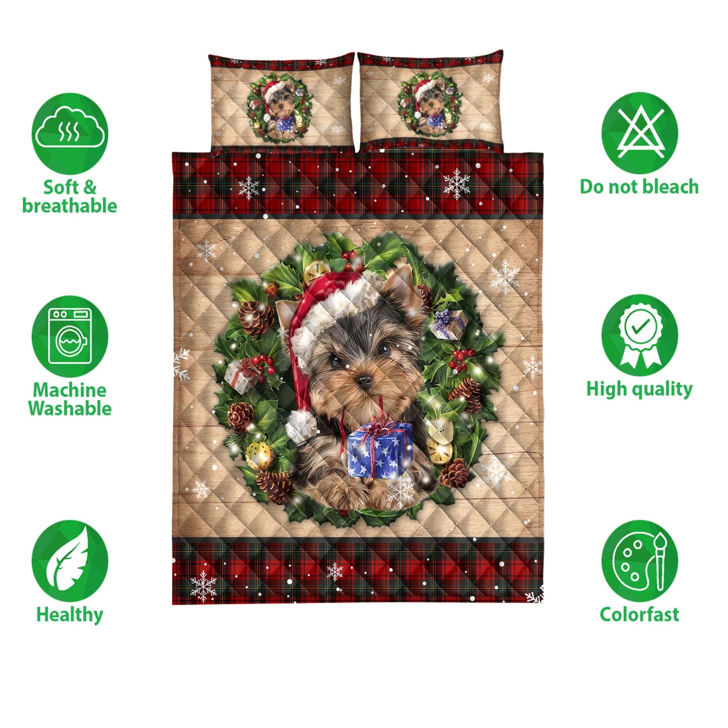 Yorkshire Quilt Set, Yorkshire Terrier Wearing Wreath Amas Hat Buffalo Plaid Quilt Blanket With Pillowcases, Quilt Bedding Set, Christmas Gift
