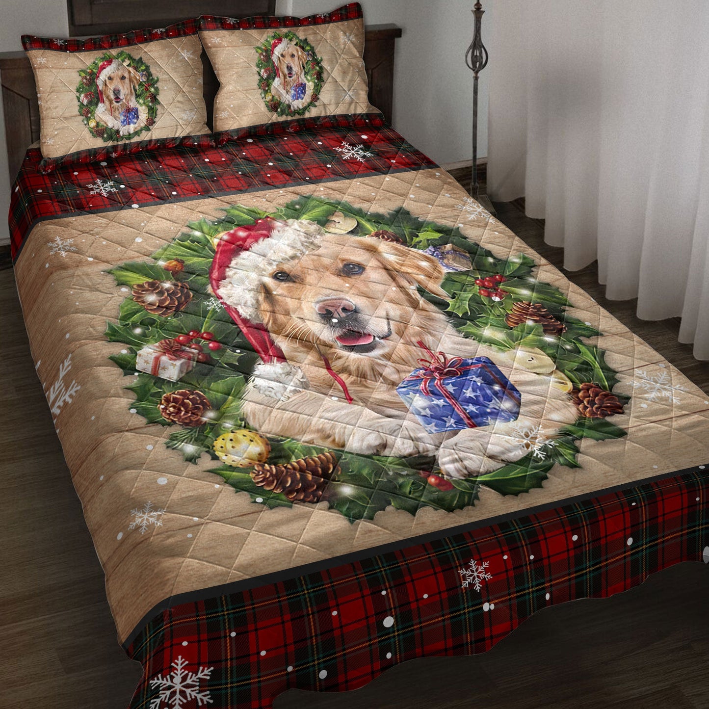 Golden Retriever Quilt Set, Golden Retriever Wearing Wreath Amas Hat Buffalo Plaid Quilt Blanket With Pillowcases, Quilt Bedding Set, Christmas Gift
