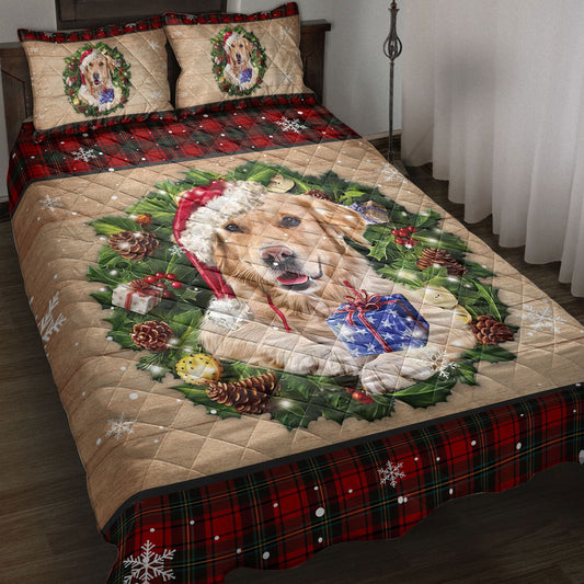 Golden Retriever Quilt Set, Golden Retriever Wearing Wreath Amas Hat Buffalo Plaid Quilt Blanket With Pillowcases, Quilt Bedding Set, Christmas Gift