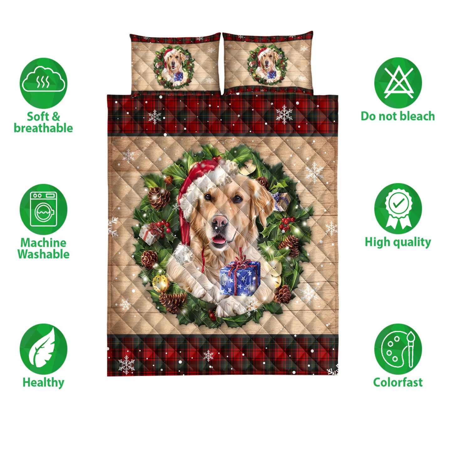 Golden Retriever Quilt Set, Golden Retriever Wearing Wreath Amas Hat Buffalo Plaid Quilt Blanket With Pillowcases, Quilt Bedding Set, Christmas Gift