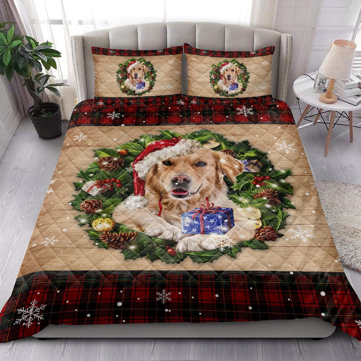 Golden Retriever Quilt Set, Golden Retriever Wearing Wreath Amas Hat Buffalo Plaid Quilt Blanket With Pillowcases, Quilt Bedding Set, Christmas Gift