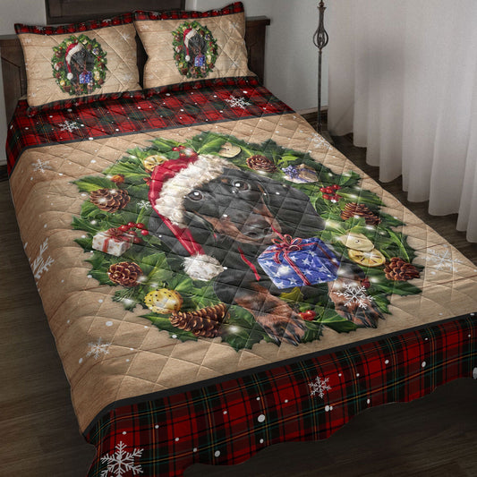 Dachshund Quilt Set, Dachshund Dog Wearing Wreath Amas Hat Buffalo Plaid Quilt Blanket With Pillowcases, Quilt Bedding Set, Christmas Gift