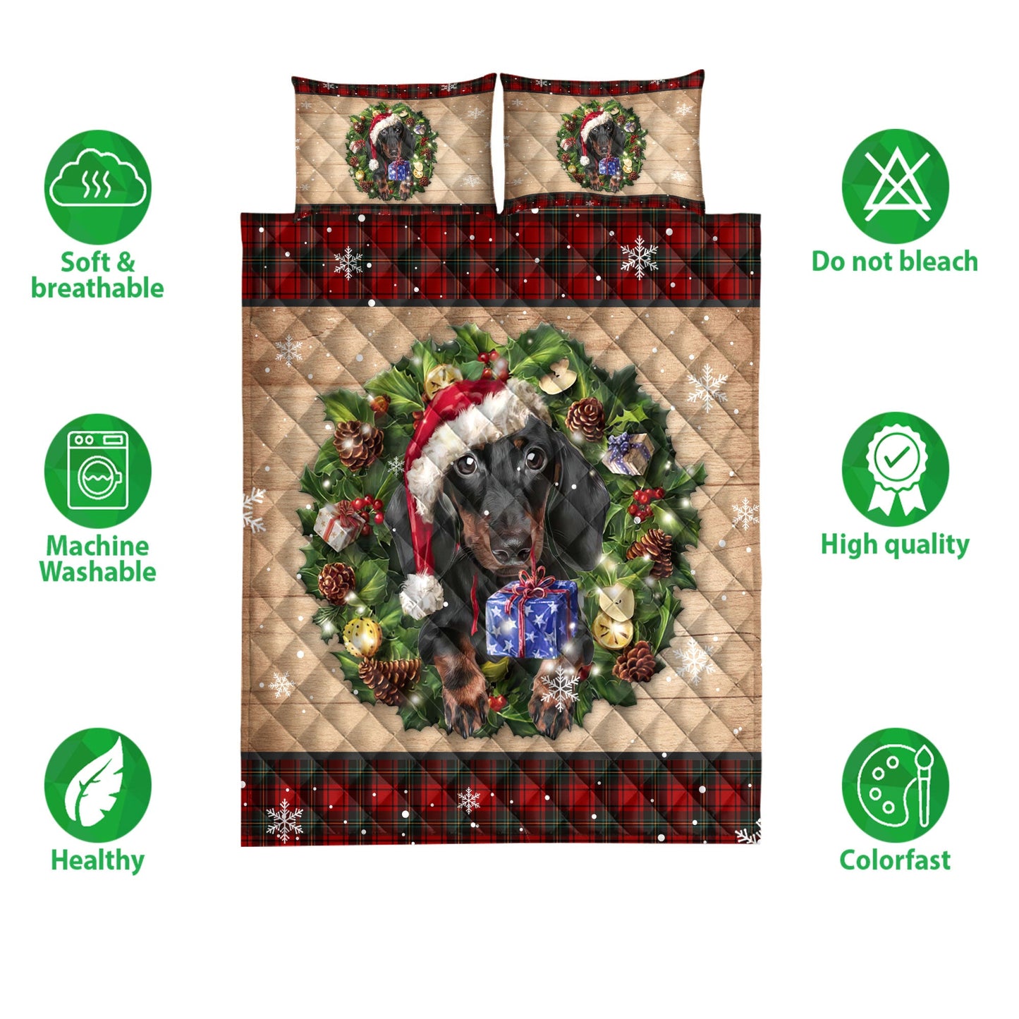 Dachshund Quilt Set, Dachshund Dog Wearing Wreath Amas Hat Buffalo Plaid Quilt Blanket With Pillowcases, Quilt Bedding Set, Christmas Gift